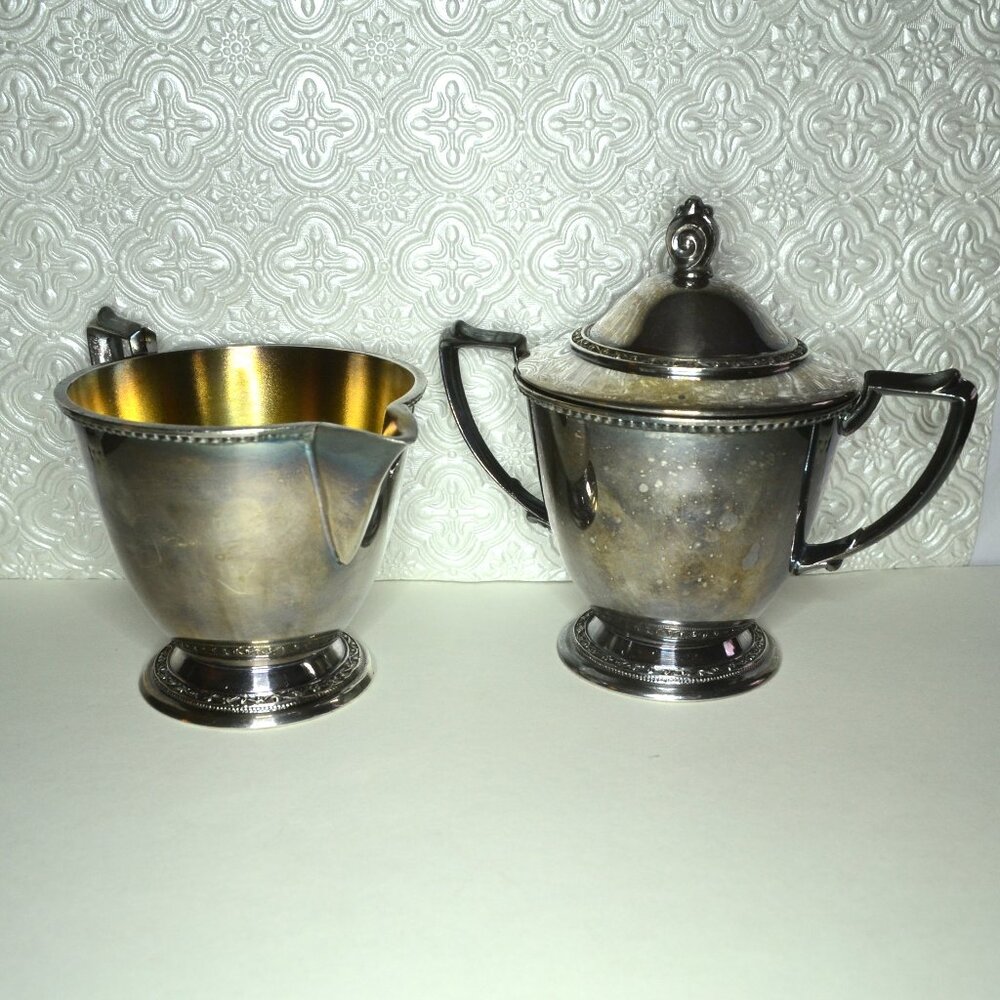Oneida Community Lakewood Tudor Plate Creamer Sugar Art Deco Design Vintage